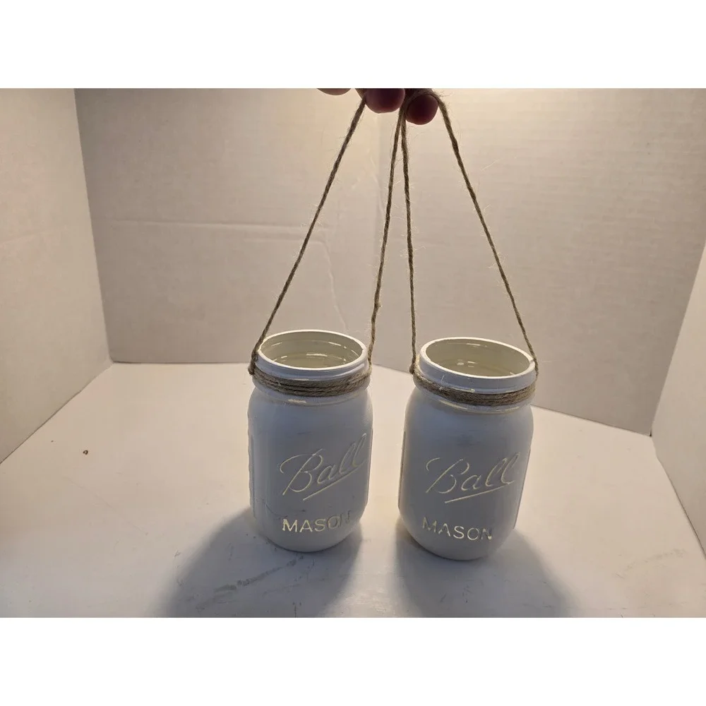 Ball Mason Jars Set of 2 White chalk Painted Distressed Rustic‎ Hanging Decor